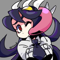 Rule 34 | 1girl, 770mk, filia (skullgirls), grey background, licking, licking another&#039;s cheek, long hair, long tongue, necktie, one eye closed, purple hair, red eyes, samson (skullgirls), school uniform, solo, tongue, tongue out, upper body