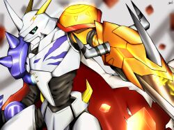 Rule 34 | cape, crests (digimon), digimon, digimon (creature), fusion, green eyes, highres, omegamon, solo