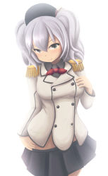 Rule 34 | 10s, 1girl, absurdres, eyebrows, highres, kantai collection, kashima (kancolle), long hair, looking at viewer, military, military uniform, qkracho (thesdroz), simple background, skirt, solo, twintails, uniform, white background