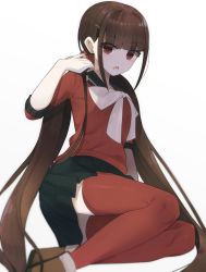 Rule 34 | 1girl, arm support, black skirt, blunt bangs, brown hair, commentary request, danganronpa (series), danganronpa v3: killing harmony, hair ornament, hair scrunchie, hairclip, hand in own hair, hand up, harukawa maki, highres, long hair, lying, on side, open mouth, pleated skirt, raimone (nekokirinv3), red scrunchie, red shirt, red thighhighs, sailor collar, scrunchie, shirt, shoes, sitting, skirt, sleeves past elbows, solo, teeth, thighhighs, upper teeth only, very long hair