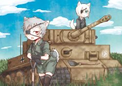 Rule 34 | 2boys, @ @, animal ears, artist request, blue eyes, caterpillar tracks, cloud, day, dog ears, dog tail, eyepatch, grass, grey hair, military, military uniform, military vehicle, motor vehicle, multiple boys, open mouth, original, red eyes, short hair, shovel, sky, tail, tank, tiger i, tree, uniform, white hair, wolf ears, wolf tail
