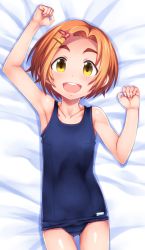Rule 34 | 10s, 1girl, :d, arm up, armpits, bed sheet, blue one-piece swimsuit, blush, clenched hands, collarbone, cowboy shot, dakimakura (medium), flat chest, from above, hair ornament, hairclip, hand up, happy, idolmaster, idolmaster cinderella girls, indoors, looking at viewer, lying, name tag, okina ika, old school swimsuit, on back, on bed, one-piece swimsuit, open mouth, orange hair, ryuzaki kaoru, school swimsuit, shadow, short hair, smile, solo, swimsuit, thick eyebrows, thigh gap, yellow eyes