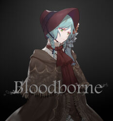 Rule 34 | 1girl, absurdres, aqua hair, ascot, bang dream!, black background, bloodborne, blue bow, bonnet, bow, braid, brown coat, chinese commentary, closed mouth, coat, collared shirt, commentary request, copyright name, cosplay, goth fashion, green eyes, hair between eyes, hair bow, highres, hikawa hina, parted bangs, plain doll, plain doll (cosplay), red ascot, red headwear, red scarf, scarf, shirt, solo, twin braids, upper body, walluka, white shirt