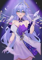 Rule 34 | 1girl, :d, absurdres, aqua eyes, bare shoulders, choker, commentary, cowboy shot, detached sleeves, dress, earrings, facial mark, feathers, gloves, hair intakes, hand up, head tilt, highres, honkai: star rail, honkai (series), jewelry, long hair, looking at viewer, musical note, nanako94418108, open mouth, purple choker, purple dress, purple hair, robin (honkai: star rail), short sleeves, smile, solo, staff (music), standing, strapless, strapless dress, two-tone dress, very long hair, white dress, white gloves