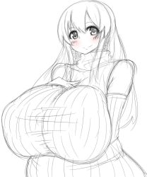 Rule 34 | 1girl, bare shoulders, blush, breasts, fat, gigantic breasts, happy, highres, long hair, monochrome, smile, solo, sweater, tensai427