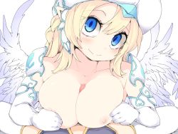 Rule 34 | 2girls, armor, blonde hair, blue eyes, blush, breasts, censored, cleavage, closed mouth, elbow gloves, feathered wings, frfr, futanari, futanari pov, gloves, highres, large breasts, looking at viewer, mosaic censoring, multiple girls, original, paizuri, penis, pointy ears, pov, shoulder armor, smile, thighhighs, white gloves, white headwear, white legwear, white wings, wings