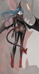 Rule 34 | 1girl, absurdres, ass, azur lane, bodystocking, dragon, dragon girl, dragon wings, from behind, full body, high heels, highres, leotard, long hair, looking at viewer, looking back, looking to the side, mechanical tail, non-humanoid robot, regensburg (azur lane), robot, robot dragon, see-through, tail, thighhighs, thong leotard, twintails, wings, yd (orange maru)