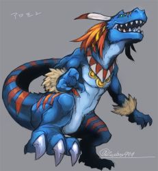 Rule 34 | allomon, artist name, digimon, digimon (creature), dinosaur, dinosaur tail, fangs, feathers, fur trim, graphite (medium), green eyes, grey background, jewelry, long hair, mechanical pencil, necklace, no humans, open mouth, orange hair, pencil, solo, tail, traditional media, zaebos