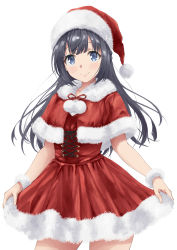 Rule 34 | 1girl, absurdres, anno masato, black eyes, black hair, capelet, christmas, closed mouth, commentary, cowboy shot, dress, fur-trimmed capelet, fur cuffs, fur trim, hat, highres, long hair, looking at viewer, makinohara shouko, red capelet, red dress, red hat, santa costume, santa dress, santa hat, seishun buta yarou, simple background, skirt hold, smile, solo, standing, white background