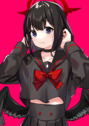 Rule 34 | 1girl, black hair, black sailor collar, black serafuku, black skirt, black wings, blue archive, bow, bowtie, choker, crop top, feathered wings, halo, hands in hair, highres, long sleeves, looking at viewer, mashiro (blue archive), pink background, pleated skirt, purple eyes, red bow, sailor collar, school uniform, serafuku, short hair, simple background, skirt, smile, solo, upper body, winged halo, wings, yamada seimei