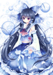 Rule 34 | 1girl, album cover, alternate color, alternate hair length, alternate hairstyle, ascot, bad id, bad pixiv id, black hair, blue theme, bow, bug, butterfly, cover, detached sleeves, embellished costume, female focus, flower, frills, gohei, hair bow, hair tubes, hakurei reimu, bug, japanese clothes, large bow, long hair, midriff, mikazuki sara, miko, red eyes, rose, sarashi, skirt, solo, touhou, very long hair