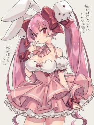 Rule 34 | 1girl, animal ears, bow, breasts, rabbit ears, cleavage, cowboy shot, di gi charat, dice hair ornament, finger to mouth, grey background, hair ornament, hiyo moo, large breasts, long hair, looking at viewer, pink hair, red bow, red eyes, simple background, smile, solo, translation request, twintails, usada hikaru, wrist bow