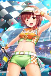 Rule 34 | ahoge, alternative girls, armpits, belt, bow, bracelet, braid, breasts, brown hair, car, cleavage, cloud, cloudy sky, collarbone, confetti, cowboy shot, cropped jacket, day, flag, green shorts, hair bow, highres, holding, holding flag, jewelry, looking at viewer, motor vehicle, navel, necklace, official art, one eye closed, open mouth, outdoors, race queen, red bow, short hair, shorts, single braid, sky, small breasts, smile, solo, standing, sweatdrop, yellow eyes, yuuki miyaka