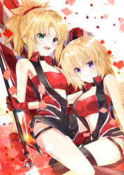 Rule 34 | 2girls, :d, black legwear, blonde hair, blurry, braid, breasts, checkered flag, choker, cleavage, commentary request, confetti, depth of field, fate/apocrypha, fate (series), flag, flagpole, french braid, gloves, green eyes, highres, holding, iroha (shiki), jacket, jeanne d&#039;arc (fate), jeanne d&#039;arc (ruler) (fate), jeanne d&#039;arc (type-moon racing) (fate), long hair, looking at viewer, low ponytail, midriff, mordred (fate), mordred (fate/apocrypha), multiple girls, open mouth, ponytail, purple eyes, red gloves, single braid, smile, thighhighs