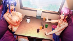 Rule 34 | 2girls, after paizuri, bare legs, blue eyes, blue hair, blue skirt, blush, breasts, coffee, crossed arms, cum, cum on body, cum on breasts, cum on upper body, cup, drink, earrings, game cg, highres, izumi kirika, jewelry, juice, kagurazaka ichigo, kanzen jikan teishi, large breasts, legs, long hair, long sleeves, looking at another, multiple girls, nipples, no bra, open mouth, pink hair, ponytail, sitting, skirt, small breasts, table, tan, tanline, thighs, topless, twintails, uo denim, window