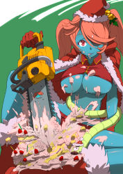 Rule 34 | 1girl, :d, blue skin, blush, boots, breasts, cake, cape, christmas, cleavage, colored skin, convenient censoring, eyepatch, food, fruit, gloves, hair ribbon, hat, highres, large breasts, long hair, monster girl, multicolored eyes, navel, no bra, open mouth, original, panties, pink hair, purple eyes, ribbon, ringed eyes, santa costume, santa hat, sexually suggestive, sharekoube, shorts, sitting, smile, solo, strawberry, tongue, tongue out, twintails, underboob, underwear, very long hair, weapon, worm, zipper, zombie, zoni-ko