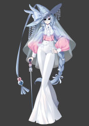 Rule 34 | 1girl, arm at side, baggy pants, bell-bottoms, blue hair, blue hat, blue nails, bow, bowtie, braid, braided ponytail, brooch, cane, closed mouth, creatures (company), crossed legs, domino mask, fingernails, frills, frown, full body, game freak, gen 8 pokemon, grey background, hair bow, hand on own hip, hat, hat bow, hat feather, hat ornament, hatterene, high-waist pants, highres, holding, holding cane, hollow eyes, jewelry, long hair, long sleeves, low-braided long hair, low-tied long hair, mask, merlusa, nail polish, nintendo, orb, pants, personification, pokemon, puffy long sleeves, puffy sleeves, see-through, simple background, single braid, solo, standing, swept bangs, thigh gap, two-tone shirt, very long hair, white bow, white bowtie, white eyes, white pants, witch hat