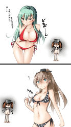 Rule 34 | ..., 10s, 3girls, aqua eyes, aqua hair, bikini, breast envy, breasts, brown eyes, brown hair, cleavage, face of the people who sank all their money into the fx (meme), female focus, flat chest, front-tie top, hair ornament, hairclip, highres, kaminagi (kaminagi-tei), kantai collection, kumano (kancolle), large breasts, long hair, looking at viewer, meme, multiple girls, navel, polka dot, polka dot bikini, polka dot swimsuit, ponytail, ryuujou (kancolle), sad, shaded face, side-tie bikini bottom, suzuya (kancolle), swimsuit, thigh gap, translation request, twintails, visor cap, wall-eyed, white background