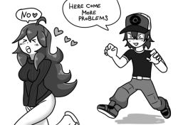 Rule 34 | &gt; &lt;, 1boy, 1girl, ahoge, belt, between legs, blush, bottomless, chasing, closed eyes, covering crotch, covering privates, creatures (company), english text, full body, game freak, greyscale, hairband, hand between legs, hands up, hat, heart, hex maniac (pokemon), long hair, long sleeves, monochrome, nintendo, npc trainer, open mouth, own hands together, pants, pokemon, pokemon xy, putri (somedude1727), ribbed sweater, running, shirt, shoes, short hair, short sleeves, simple background, slippers, smile, speech bubble, spoken heart, sweater, talking, text focus, v arms, white background