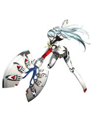 Rule 34 | 1girl, android, aqua hair, atlus, axe, battle axe, blue hair, headphones, joints, knee pads, labrys (persona), long hair, miniskirt, persona, persona 4, persona 4: the ultimate in mayonaka arena, pleated skirt, ponytail, red eyes, robot joints, school uniform, skirt, soejima shigenori, solo, very long hair, weapon