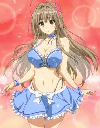 Rule 34 | 1girl, :o, alternate hairstyle, amagi brilliant park, antenna hair, bare shoulders, bishie sparkle, blush, bow, breasts, brown eyes, brown hair, choker, cleavage, collarbone, cosplay, costume, cowboy shot, curvy, female focus, frills, gradient background, hair intakes, hair ornament, halterneck, highres, large breasts, lens flare, long hair, multicolored background, muse (amaburi), muse (amaburi) (cosplay), navel, open mouth, pleated skirt, screencap, sento isuzu, skirt, solo, sparkle, thigh gap, very long hair, wide hips, wrist cuffs, yellow eyes