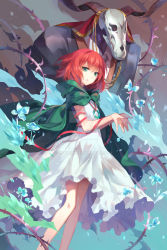 Rule 34 | 1girl, bare legs, cape, dress, green eyes, hatori chise, highres, hood, kyurin (sunnydelight), looking at viewer, mahou tsukai no yome, open mouth, red hair, short hair