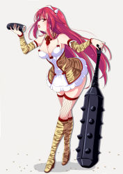 Rule 34 | 1girl, animal print, blush, boots, breasts, character request, cleavage, club, club (weapon), detached collar, detached sleeves, dress, ehoumaki, fishnet thighhighs, fishnets, food, hairband, high heel boots, high heels, horns, kanabou, knee boots, large breasts, long hair, looking at viewer, makizushi, mamemaki, mutou kurihito, open mouth, red eyes, red hair, setsubun, sexually suggestive, simple background, solo, spiked club, sushi, thighhighs, tiger print, tokyo 7th sisters, very long hair, weapon, yellow footwear