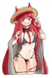 Rule 34 | 1girl, arknights, between breasts, bikini, black bikini, braid, breasts, brown hat, clenched teeth, collared bikini, cowboy shot, cropped legs, demon girl, demon horns, demon tail, fangs, grey jacket, grin, groin, hat, highres, horns, horns through headwear, jacket, lolitamomoya, long hair, looking at viewer, medium breasts, nail polish, navel, necktie, necktie between breasts, official alternate costume, open clothes, open jacket, pointy ears, red eyes, red hair, red nails, red necktie, see-through, see-through skirt, side braids, simple background, skirt, smile, solo, starfish hair ornament, straw hat, swimsuit, tail, teeth, thigh gap, very long hair, vigna (arknights), vigna (casual vacation) (arknights), white background