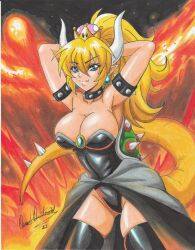 Rule 34 | 1girl, 2021, arms behind head, black collar, black leotard, blonde hair, blue earrings, blue eyes, bowsette, bracelet, breasts, cleavage, collar, collarbone, crown, earrings, fire, green shell (mario), highres, horns, jewelry, large breasts, leotard, mario (series), new super mario bros. u deluxe, nintendo, pointy ears, ponytail, ravernclouk design, sharp teeth, shell, smile, solo, spiked bracelet, spiked collar, spikes, tail, teeth, thighs, tooth, traditional media, turtle shell