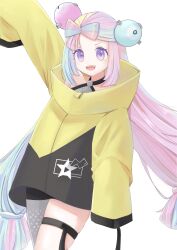 Rule 34 | 1girl, :d, absurdres, arm up, bow-shaped hair, character hair ornament, commentary, creatures (company), eyelashes, game freak, green hair, hair ornament, happy, highres, iono (pokemon), jacket, long hair, multicolored hair, nintendo, open mouth, pearjelly, pink hair, pokemon, pokemon sv, purple eyes, single leg pantyhose, sleeves past fingers, sleeves past wrists, smile, solo, teeth, thigh strap, twintails, two-tone hair, upper teeth only, white background, yellow jacket