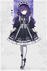 Rule 34 | 1girl, asahina mafuyu, black bow, black dress, black footwear, black hat, bonnet, bow, chin strap, commentary, cross print, dress, expressionless, flower, footwear bow, frilled dress, frills, gothic lolita, hat, hat bow, highres, lace, lolita fashion, long hair, long sleeves, looking at viewer, pantyhose, project sekai, puffy long sleeves, puffy sleeves, purple eyes, purple flower, purple hair, purple rose, rose, shoes, solo, very long hair, waka (wk4444), white bow, white pantyhose
