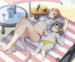 Rule 34 | 2girls, animal ears, bikini, bikini top only, blue eyes, blush, breasts, brown hair, cat, cat ears, cat tail, cup, closed eyes, eyewear on head, final fantasy, final fantasy xiv, frilled bikini, frilled bikini top, frills, glass, hat, highres, ice, ice cube, lalafell, crossed legs, lying, medium breasts, miqo&#039;te, moko (user vnsh2874), multiple girls, navel, on back, one eye closed, outdoors, parasol, pointy ears, red hair, sandals, short hair, sleeping, smile, sunglasses, swimsuit, table, tail, umbrella