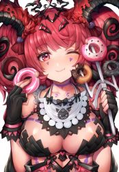 Rule 34 | 1girl, black bow, black gloves, blush, bow, breasts, cleavage, collarbone, commentary request, demon girl, destiny child, doughnut, facial mark, fingerless gloves, flower, food, gloves, grey flower, hair flower, hair ornament, hairclip, heart, highres, holding, holding food, holding weapon, horns, large breasts, limos (destiny child), long hair, looking at viewer, one eye closed, red eyes, red hair, red ribbon, resolution mismatch, ribbon, simple background, smile, snm (sunimi), solo, source smaller, star (symbol), star in eye, symbol in eye, weapon, white background
