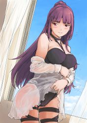 Rule 34 | 1girl, bare shoulders, black one-piece swimsuit, blush, breasts, cowboy shot, girls&#039; frontline, highres, large breasts, long hair, looking at viewer, official alternate costume, one-piece swimsuit, purple hair, red eyes, solo, swimsuit, swimsuit under clothes, vent arbre, wa2000 (girls&#039; frontline), wa2000 (op. manta ray) (girls&#039; frontline)