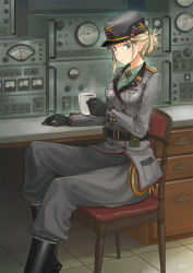 Rule 34 | 1girl, :/, aiguillette, arm rest, bad id, bad pixiv id, belt, black footwear, black gloves, blonde hair, blouse, blue eyes, boots, braid, braided bun, buckle, buttons, chair, coffee, coffee mug, coftof, collared shirt, cup, desk, drawer, epaulettes, french braid, gauge, gloves, green eyes, green shirt, grey jacket, grey pants, hair bun, hat, indoors, jacket, leather, leather boots, looking at viewer, medal, military, military uniform, mug, original, pants, peaked cap, pouch, radio, shirt, signature, single hair bun, sitting, solo, steam, tile floor, tiles, uniform, wing collar, yasawa kichi
