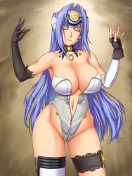 Rule 34 | 00s, 1girl, ameoto, android, bare shoulders, blue hair, bodysuit, breasts, cleavage, closed eyes, elbow gloves, fingerless gloves, gloves, highleg, highleg leotard, highres, hip focus, kos-mos, large breasts, legs, leotard, long hair, navel, simple background, solo, standing, thighs, very long hair, xeno (series), xenosaga