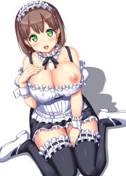 Rule 34 | 1girl, :d, ai-chan (tawawa), apron, bare shoulders, black dress, black ribbon, black thighhighs, blush, braid, breasts, brown hair, cleavage, collarbone, covered erect nipples, detached sleeves, dress, frilled cuffs, frilled dress, frilled hairband, frilled thighhighs, frills, getsuyoubi no tawawa, green eyes, hairband, hand on own chest, highres, large breasts, looking at viewer, maid headdress, mary janes, neck garter, neck ribbon, nipple slip, nipples, one breast out, open mouth, ribbon, ribbon-trimmed legwear, ribbon trim, shadow, shoes, short hair, simple background, sitting, smile, solo, tareme, thighhighs, twin braids, uehiro, waist apron, wariza, white apron, white background, white footwear, wrist cuffs, zettai ryouiki
