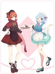 Rule 34 | 2girls, :d, absurdres, adapted costume, alternate costume, apron, aqua skirt, black apron, black footwear, black headdress, black shirt, blue hair, blue vest, blush, bow, cape, commentary request, dessert, enmaided, food, frilled skirt, frilled sleeves, frills, fruit, full body, hair bow, hand on own hip, hand up, heart, highres, holding, holding notepad, holding plate, juliet sleeves, light blue hair, long sleeves, looking at viewer, maid, maid headdress, medium hair, multiple girls, necktie, nnyara, notepad, open mouth, pink necktie, plate, puffy sleeves, receipt, red bow, red cape, red eyes, red hair, red skirt, sekibanki, shirt, short hair, skirt, sleeves past elbows, smile, strawberry, sweatdrop, tatara kogasa, touhou, vest, white apron, white headdress, wide sleeves