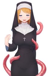 Rule 34 | 1girl, :d, blonde hair, blue eyes, blush, breasts, cross, cross necklace, habit, hekirake, highres, impossible clothes, jewelry, large breasts, long sleeves, looking at viewer, medium hair, necklace, nun, open mouth, original, roper, simple background, smile, solo, standing, tentacles, white background
