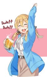 Rule 34 | 1girl, :d, ^ ^, alcohol, alternate costume, arm up, beer, beer mug, belt, black ribbon, blonde hair, blush, clenched hand, closed eyes, collared shirt, cosplay, cup, ellen baker, ellen baker (cosplay), closed eyes, german text, holding, jacket, kantai collection, long hair, long sleeves, look-alike, low twintails, maji (etonato), mug, new horizon, open clothes, open jacket, open mouth, prinz eugen (kancolle), ribbon, shirt, smile, solo, teacher, twintails