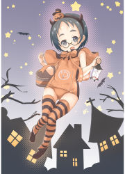 Rule 34 | 1girl, absurdres, adapted costume, alternate color, basket, black cape, black hair, brown eyes, cape, clothes writing, commentary request, fake horns, flat chest, full body, fyuo, halloween costume, highres, horns, jack-o&#039;-lantern, kantai collection, lantern, looking at viewer, maru-yu (kancolle), one-piece swimsuit, orange one-piece swimsuit, parted bangs, school swimsuit, short hair, solo, striped clothes, striped thighhighs, swimsuit, thick eyebrows, thighhighs