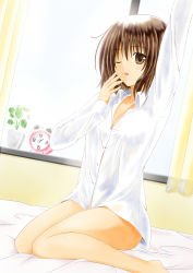Rule 34 | 1girl, alarm clock, artist request, bare legs, bed, bottomless, breasts, brown eyes, brown hair, cleavage, clock, dress shirt, highres, kneeling, naked shirt, no bra, no panties, one eye closed, open mouth, original, shirt, sitting, solo, source request, wariza, yawning