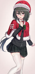 Rule 34 | 1girl, absurdres, black jacket, blazer, blush, buttons, feet out of frame, fur trim, green hair, hair between eyes, hat, highres, jacket, long hair, long sleeves, looking at viewer, open mouth, original, pleated skirt, red eyes, santa hat, school uniform, simple background, skirt, solo, thighhighs, white thighhighs, yakob labo