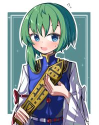 Rule 34 | 1girl, :d, asymmetrical hair, blue eyes, blue vest, epaulettes, eyebrows hidden by hair, flying sweatdrops, green hair, highres, holding, long sleeves, looking at viewer, no headwear, open mouth, outline, rod of remorse, shiki eiki, smile, solo, spam (spamham4506), touhou, upper body, vest, white outline
