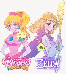 Rule 34 | 2girls, 2others, blonde hair, brooch, cloak, company connection, copyright name, crossover, dress, female focus, highres, jewelry, looking at viewer, mage staff, mario (series), multiple girls, multiple others, nintendo, pink dress, pointy ears, ponytail, princess peach, princess peach: showtime!, princess zelda, seusojeldaleul-wihaejug-eum, smile, staff, stella (peach), the legend of zelda, the legend of zelda: echoes of wisdom, trait connection, tri (zelda), tri rod, upper body