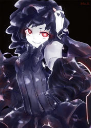 Rule 34 | 10s, 1girl, abyssal ship, arm warmers, black dress, black hair, bonnet, bow, colored skin, dress, frills, gothic lolita, grin, hand on own head, isolated island oni, kantai collection, lolita fashion, long hair, red eyes, smile, solo, toriol 3, white skin