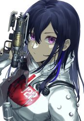 Rule 34 | 1girl, apex legends, b3 wingman, black hair, black nails, bodysuit, closed mouth, commentary, cosplay, gun, hand up, handgun, highres, hisui ill, holding, holding gun, holding weapon, ichinose uruha, long hair, looking at viewer, lupinus virtual games, multicolored hair, nail polish, pistol, purple eyes, quarantine 722 wraith, simple background, solo, streaked hair, upper body, virtual youtuber, vspo!, weapon, white background, white bodysuit, wraith (apex legends), wraith (apex legends) (cosplay)
