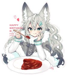 Rule 34 | 1girl, :q, animal ears, aqua eyes, capelet, curry, curry rice, food, fur-trimmed capelet, fur trim, grey hair, hand on own cheek, hand on own face, happy birthday, highres, indie virtual youtuber, long hair, long sleeves, n (virtual youtuber), nachiru, plate, rice, spoon, tongue, tongue out, virtual youtuber, wolf ears, wolf girl