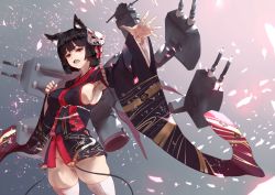 Rule 34 | 1girl, :d, agovitch, animal ears, armpits, azur lane, bad id, bad pixiv id, bell, black hair, blush, breasts, clenched hand, covered erect nipples, cowboy shot, fang, floral print, furisode, groin, hair ornament, head tilt, highres, japanese clothes, jingle bell, kimono, kimono skirt, large breasts, long sleeves, looking at viewer, machinery, no panties, open mouth, outstretched arm, short hair, skindentation, smile, solo, thighhighs, white thighhighs, yamashiro (azur lane)