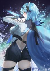 Rule 34 | 1girl, absurdres, artist request, ass, bare shoulders, blue hair, blush, breasts, butt crack, cape, eula (genshin impact), from behind, genshin impact, gloves, hairband, half-closed eyes, highres, huge filesize, large breasts, leotard, long hair, looking at viewer, looking back, short shorts, shorts, sideboob, smile, solo, sword, thighhighs, thighs, weapon, yellow eyes